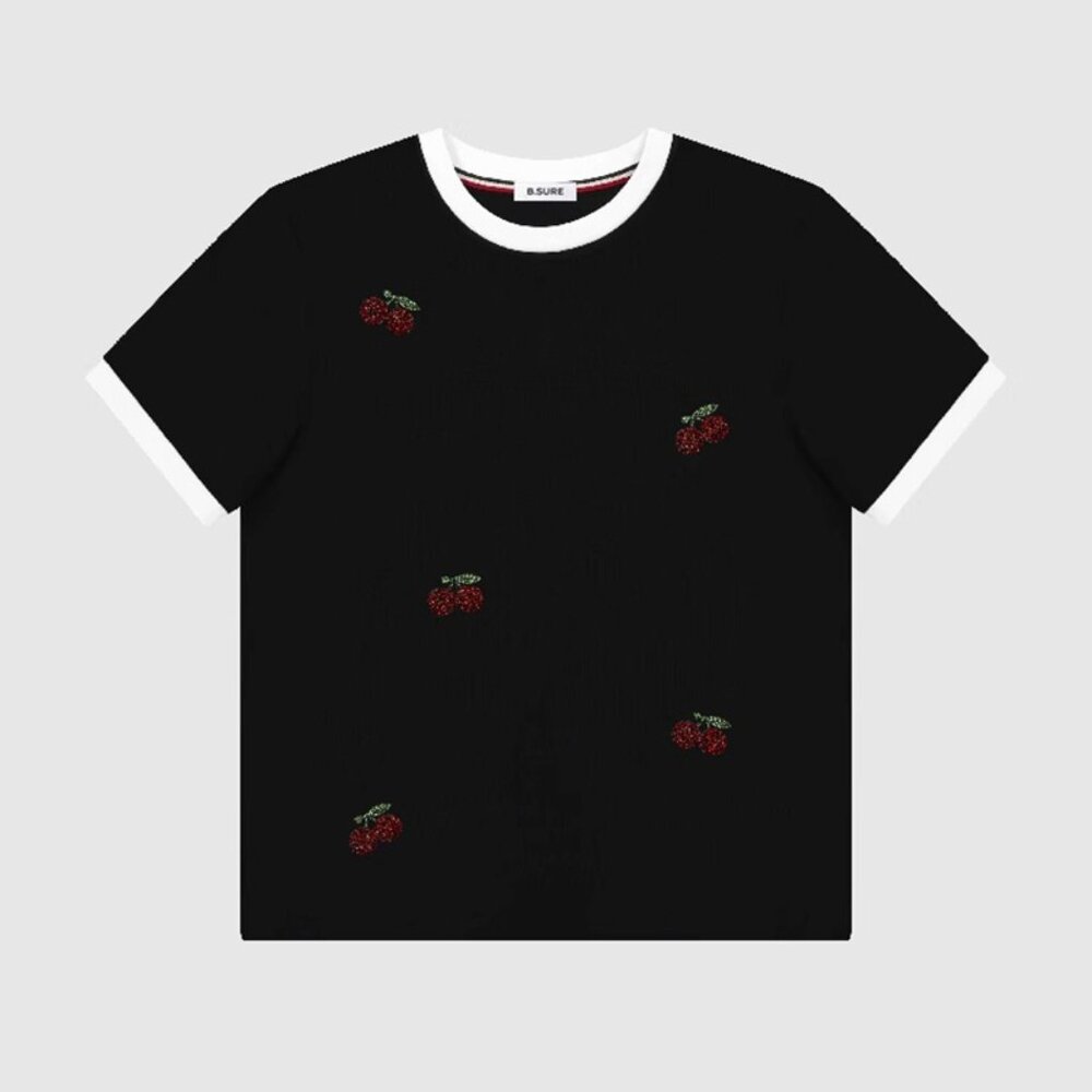 B.Sure Black Cherry Rhinestone Short-Sleeved T-Shirt